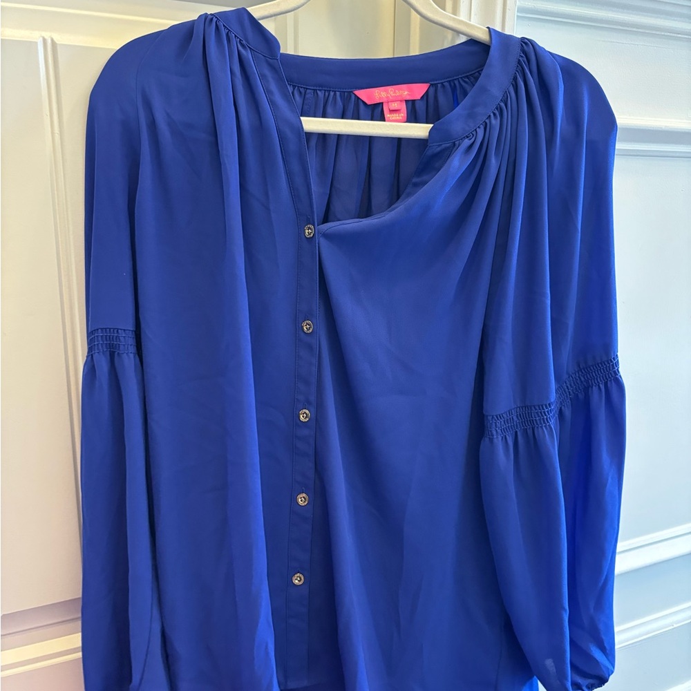 Lilly Pulitzer Solid Blue Anela Button Down Long Sleeve Top Blouse Size M